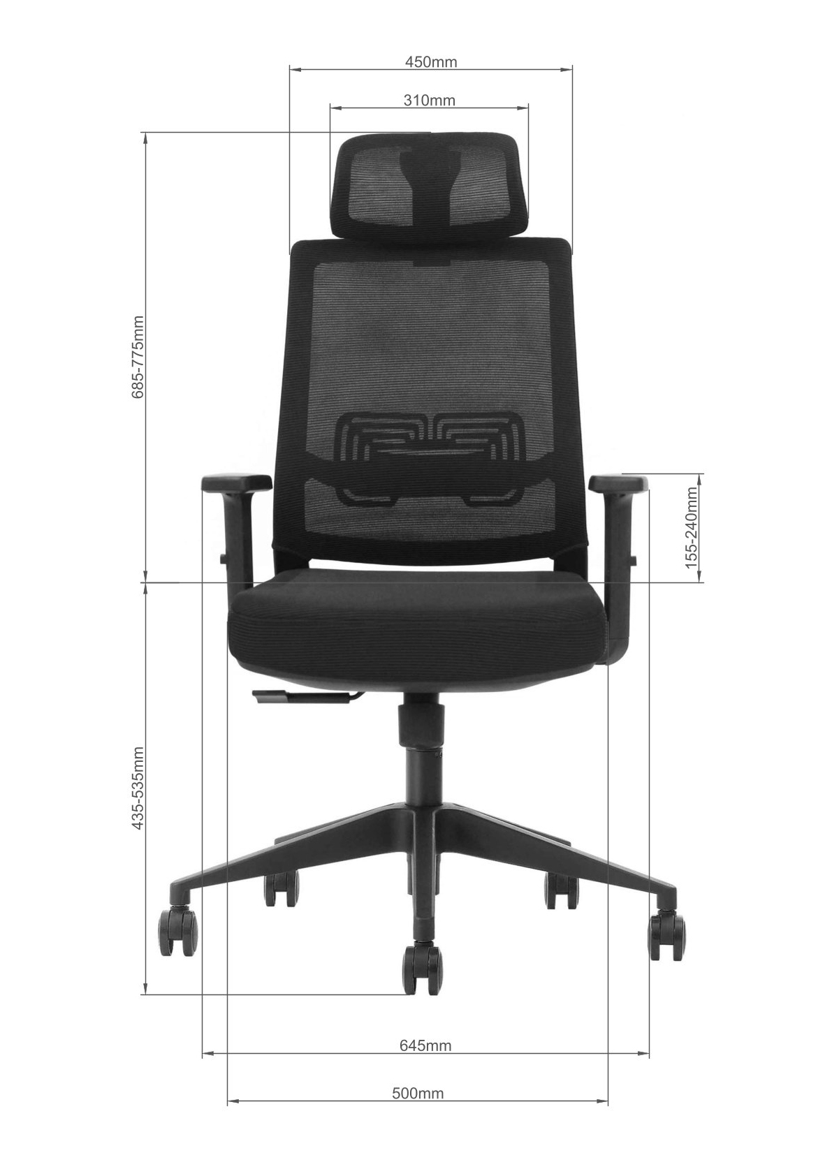 Wymiary fotela Ergonaut NEST Czarny - widok przód